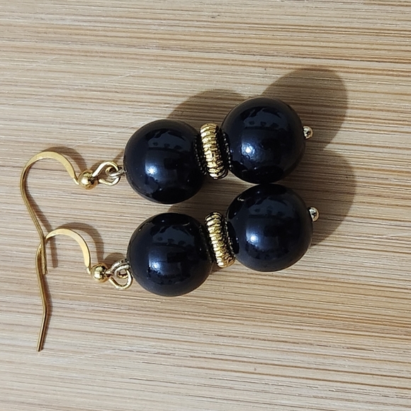 Hand Crafted Elegant Black and Gold Earrings Beaded Pierced - Picture 2 of 7